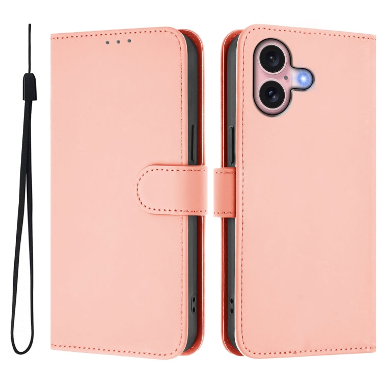 For iPhone 16 Skin Feel Solid Color Leather Phone Case with Lanyard(Pink) - iPhone 16 Cases by buy2fix | Online Shopping UK | buy2fix