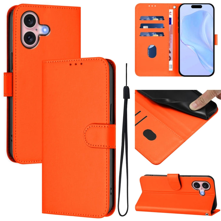 For iPhone 16 Skin Feel Solid Color Leather Phone Case with Lanyard(Orange) - iPhone 16 Cases by buy2fix | Online Shopping UK | buy2fix