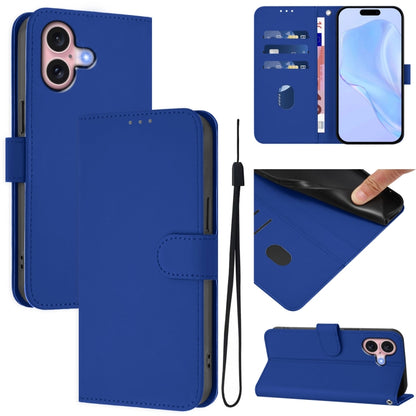 For iPhone 16 Skin Feel Solid Color Leather Phone Case with Lanyard(Dark Blue) - iPhone 16 Cases by buy2fix | Online Shopping UK | buy2fix