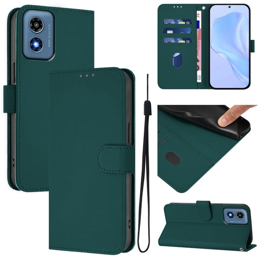 For Motorola Moto G Play 4G 2024 Global Skin Feel Solid Color Leather Phone Case with Lanyard(Dark Green) - Motorola Cases by buy2fix | Online Shopping UK | buy2fix