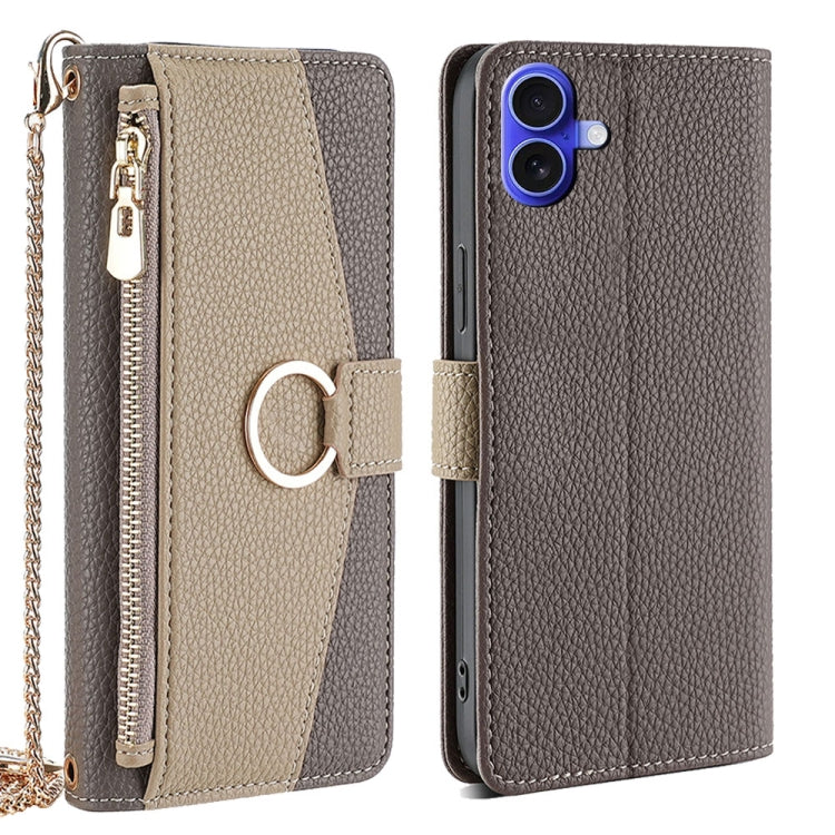 For iPhone 16 Plus Crossbody Litchi Texture Leather Phone Case(Grey) - iPhone 16 Plus Cases by buy2fix | Online Shopping UK | buy2fix