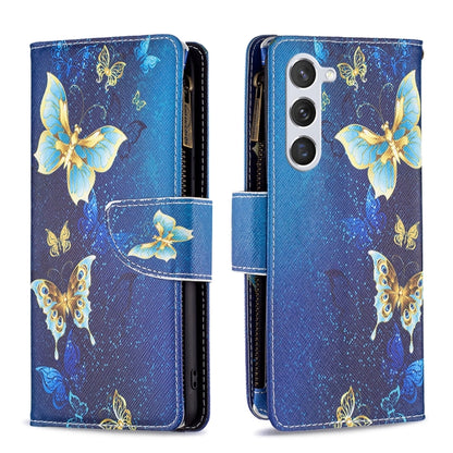 For Samsung Galaxy S25 5G Colored Drawing Pattern Zipper Leather Phone Case(Gold Butterfly) - Galaxy S25 5G Cases by buy2fix | Online Shopping UK | buy2fix