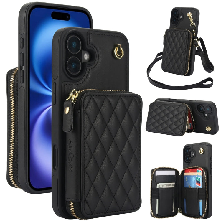 For iPhone 16 Plus AwQuer Crossbody Zipper Wallet Rhombic Leather Back Phone Case(Black) - iPhone 16 Plus Cases by Awquer | Online Shopping UK | buy2fix