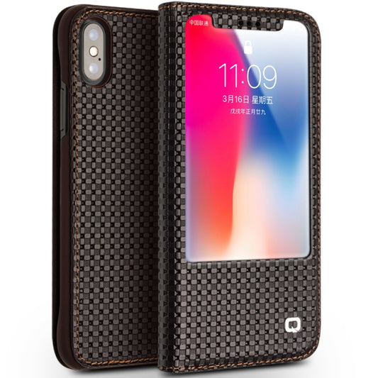 For iPhone X / XS QIALINO Grid Texture Horizontal Flip Leather Case  with Smart View Window & Sleep / Wake-up Function(Brown) - More iPhone Cases by QIALINO | Online Shopping UK | buy2fix