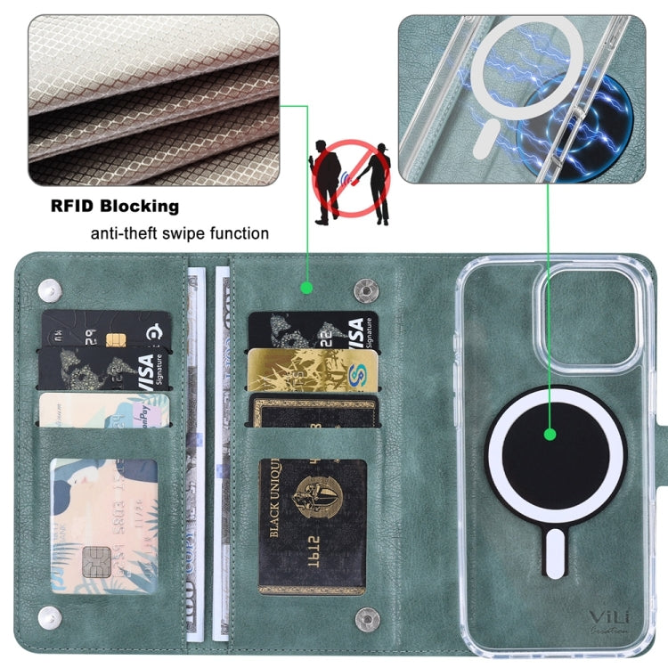 For iPhone 16 Pro Max ViLi GVS-C Series MagSafe Magnetic RFID Leather Flip Phone Case(Green) - iPhone 16 Pro Max Cases by ViLi | Online Shopping UK | buy2fix