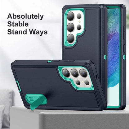 For Samsung Galaxy S25 Ultra 5G Rugged PC Hybrid Silicone Phone Case with Holder(Dark Blue+Light Green) - Galaxy S25 Ultra 5G Cases by buy2fix | Online Shopping UK | buy2fix