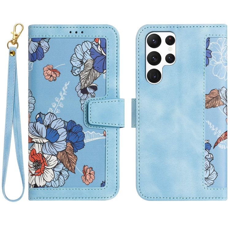 For Samsung Galaxy S25 Ultra 5G Floral Pattern Leather Phone Case with Lanyard(Light Blue) - Galaxy S25 Ultra 5G Cases by buy2fix | Online Shopping UK | buy2fix