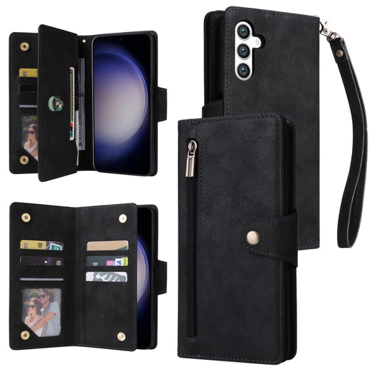 For Samsung Galaxy S25 5G Rivet Buckle 9 Cards Three Fold Leather Phone Case(Black) - Galaxy S25 5G Cases by buy2fix | Online Shopping UK | buy2fix