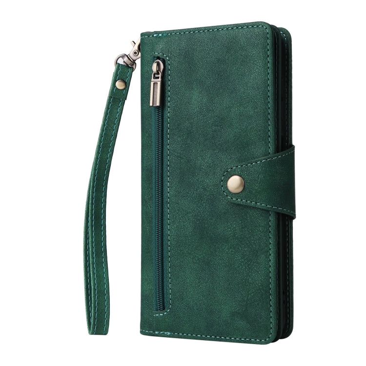 For Samsung Galaxy S25+ 5G Rivet Buckle 9 Cards Three Fold Leather Phone Case(Green) - Galaxy S25+ 5G Cases by buy2fix | Online Shopping UK | buy2fix