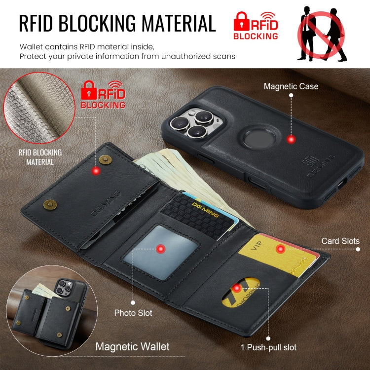 For iPhone 16 Pro DG.MING M6 Series RFID Tri-fold Card Bag Removable Leather Phone Case(Black) - iPhone 16 Pro Cases by DG.MING | Online Shopping UK | buy2fix