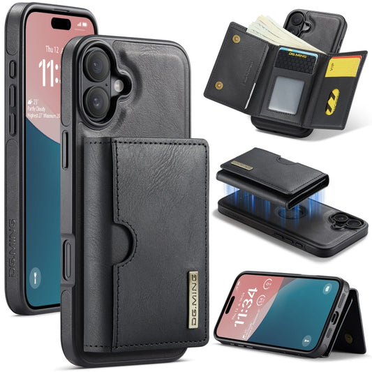 For iPhone 16 Plus DG.MING M6 Series RFID Tri-fold Card Bag Removable Leather Phone Case(Black) - iPhone 16 Plus Cases by DG.MING | Online Shopping UK | buy2fix