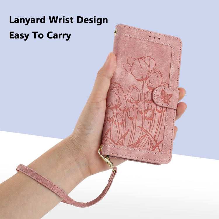 For Samsung Galaxy S25 Ultra 5G Tulips Embossed Leather Phone Case with Lanyard(Pink) - Galaxy S25 Ultra 5G Cases by buy2fix | Online Shopping UK | buy2fix