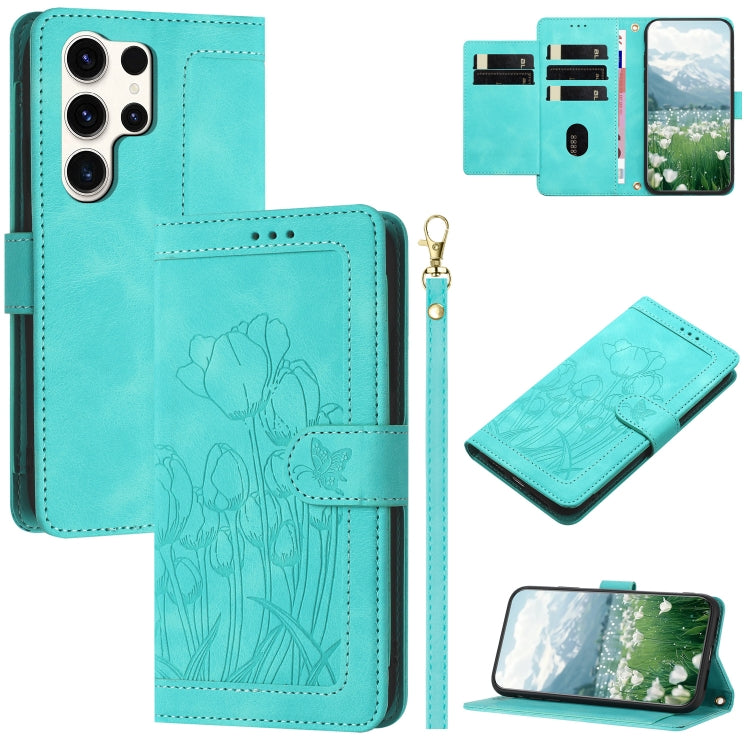 For Samsung Galaxy S25 Ultra 5G Tulips Embossed Leather Phone Case with Lanyard(Green) - Galaxy S25 Ultra 5G Cases by buy2fix | Online Shopping UK | buy2fix