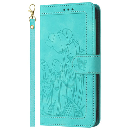 For Samsung Galaxy S25+ 5G Tulips Embossed Leather Phone Case with Lanyard(Green) - Galaxy S25+ 5G Cases by buy2fix | Online Shopping UK | buy2fix