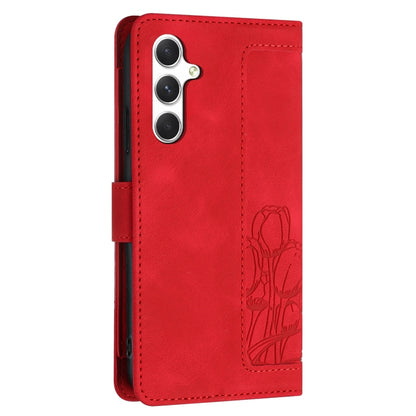 For Samsung Galaxy S25 5G Tulips Embossed Leather Phone Case with Lanyard(Red) - Galaxy S25 5G Cases by buy2fix | Online Shopping UK | buy2fix