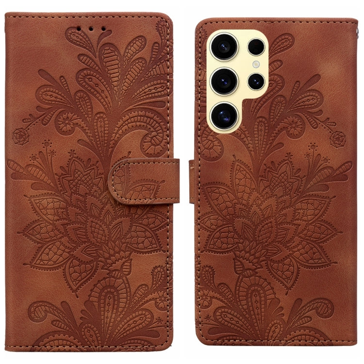 For Samsung Galaxy S25 Ultra 5G Lace Floral Embossed Magnetic Buckle PU Phone Case With Wrist Strap(Brown) - Galaxy S25 Ultra 5G Cases by buy2fix | Online Shopping UK | buy2fix