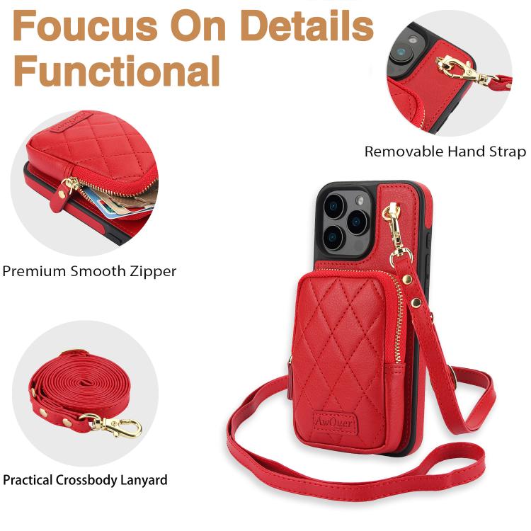 For iPhone 16 Plus AwQuer Crossbody Zipper Wallet Bag Litchi Leather Phone Case(Red) - iPhone 16 Plus Cases by Awquer | Online Shopping UK | buy2fix