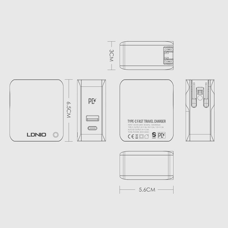 LDNIO A4403C 30W PD + Auto-id Foldable Fast Travel Charger with 1m USB-C / Type-C Cable, UK Plug - USB Charger by LDNIO | Online Shopping UK | buy2fix