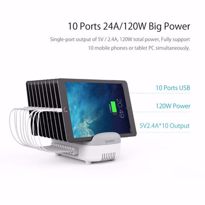 ORICO DUK-10P 120W 10 USB Ports Smart Charging Station with Phone & Tablet Stand, AU Plug(White) - Multifunction Charger by ORICO | Online Shopping UK | buy2fix