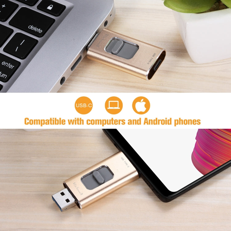 Richwell 3 in 1 128G Type-C + 8 Pin + USB 3.0 Metal Push-pull Flash Disk with OTG Function(Gold) - U Disk & Card Reader by Richwell | Online Shopping UK | buy2fix