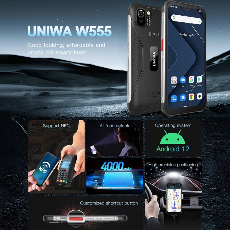 UNIWA W555 Rugged Phone, 3GB+32GB, Dual Rear Cameras, IP68 Waterproof Dustproof Shockproof, 5.71 inch Android 12.0 MTK6761 Quad Core up to 2.0GHz, Network: 4G, NFC, OTG, Global Version (Black) - UNIWA by UNIWA | Online Shopping UK | buy2fix