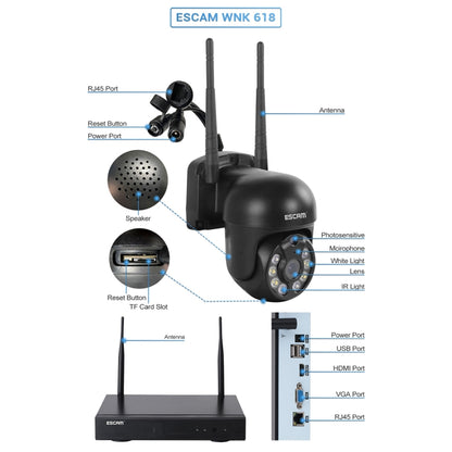 ESCAM WNK618 3.0 Million Pixels 8-channel Wireless Dome Camera HD NVR Security System, Support Motion Detection & Two-way Audio & Full-color Night Vision & TF Card, UK Plug - Dome Camera by ESCAM | Online Shopping UK | buy2fix