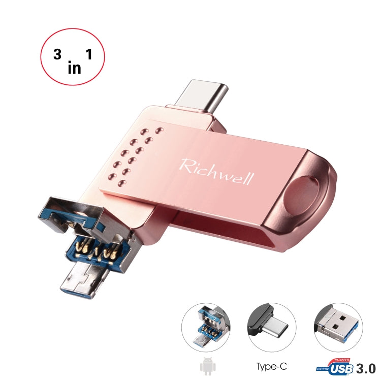 Richwell 3 in 1 16G Type-C + Micro USB + USB 3.0 Metal Flash Disk with OTG Function(Rose Gold) - U Disk & Card Reader by Richwell | Online Shopping UK | buy2fix