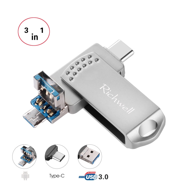 Richwell 3 in 1 16G Type-C + Micro USB + USB 3.0 Metal Flash Disk with OTG Function(Silver) - U Disk & Card Reader by Richwell | Online Shopping UK | buy2fix