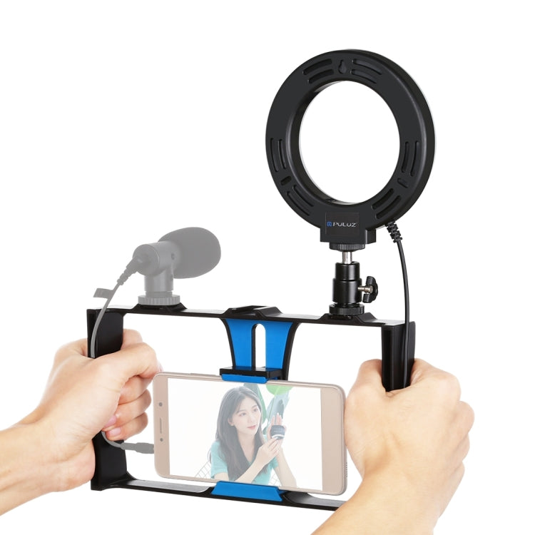 PULUZ 2 in 1 Vlogging Live Broadcast Smartphone Video Rig + 4.7 inch 12cm Ring LED Selfie Light Kits with Cold Shoe Tripod Head for iPhone, Galaxy, Huawei, Xiaomi, HTC, LG, Google, and Other Smartphones(Blue) - Camera Cage by PULUZ | Online Shopping UK | buy2fix