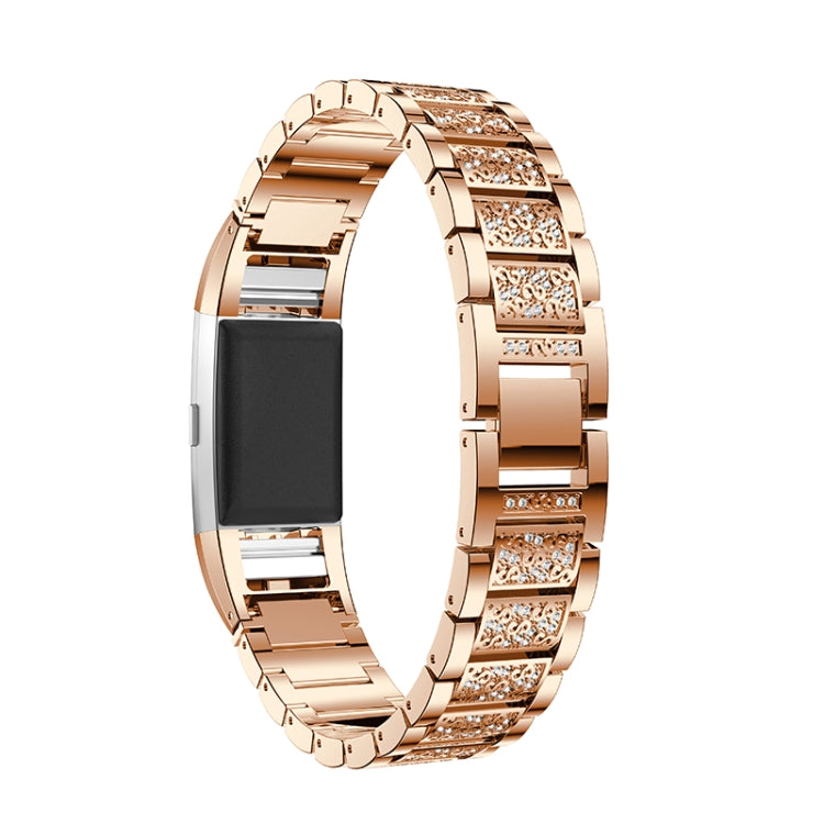 Diamond-studded Solid Stainless Steel Watch Band for Fitbit Charge 2(Rose Gold) - Watch Bands by buy2fix | Online Shopping UK | buy2fix