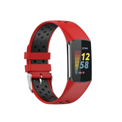 For Fitbit Charge 5 Double Color Metal Buckle Hole Silicone Watch Band(Red Black) - Watch Bands by buy2fix | Online Shopping UK | buy2fix