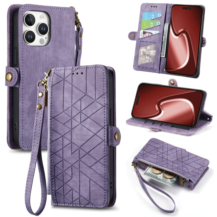 For iPhone 16 Pro Max Geometric Zipper Wallet Side Buckle Leather Phone Case(Purple) - iPhone 16 Pro Max Cases by buy2fix | Online Shopping UK | buy2fix