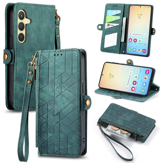 For Samsung Galaxy S24 5G Geometric Zipper Wallet Side Buckle Leather Phone Case(Green) - Galaxy S24 5G Cases by buy2fix | Online Shopping UK | buy2fix