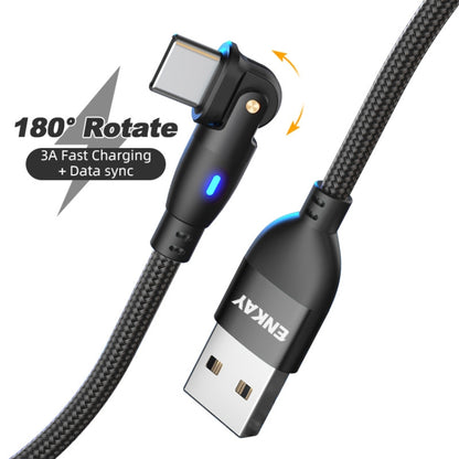 ENKAY 180 Degrees Rotating USB to Type-C 3A Fast Charging Data Cable with LED Light, Length:2m(Black) - USB-C & Type-C Cable by ENKAY | Online Shopping UK | buy2fix