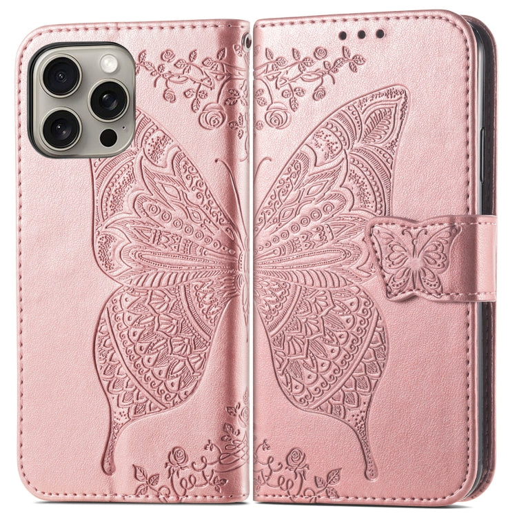 For iPhone 16 Pro Butterfly Love Flower Embossed Leather Phone Case(Rose Gold) - iPhone 16 Pro Cases by buy2fix | Online Shopping UK | buy2fix