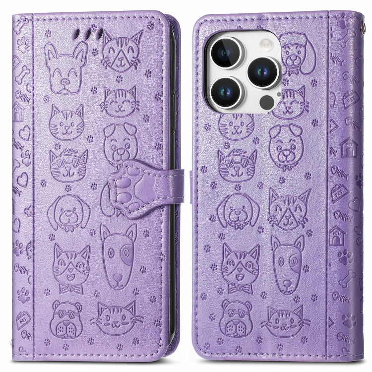 For iPhone 16 Pro Max Cat and Dog Embossed Leather Phone Case(Purple) - iPhone 16 Pro Max Cases by buy2fix | Online Shopping UK | buy2fix