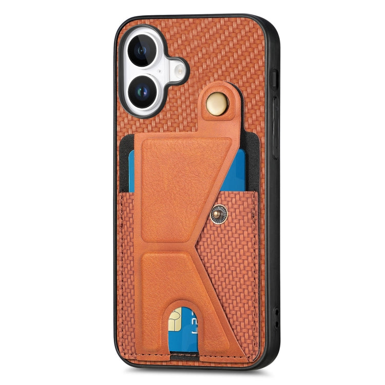 For iPhone 16 Carbon Fiber Wallet Flip Card K-shaped Holder Phone Case(Brown) - iPhone 16 Cases by buy2fix | Online Shopping UK | buy2fix