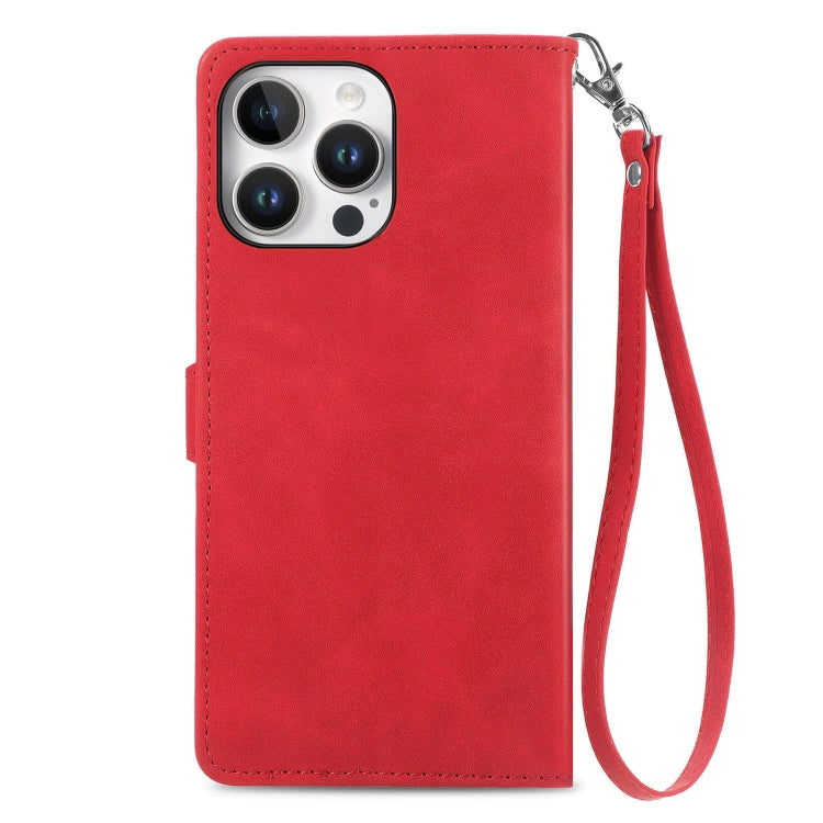 For iPhone 16 Pro Embossed Flower Zipper Leather Phone Case(Red) - iPhone 16 Pro Cases by buy2fix | Online Shopping UK | buy2fix