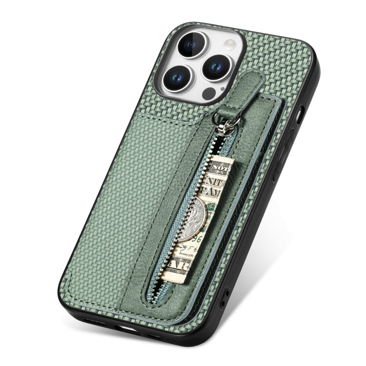 For iPhone 16 Pro Carbon Fiber Horizontal Flip Zipper Wallet Phone Case(Green) - iPhone 16 Pro Cases by buy2fix | Online Shopping UK | buy2fix