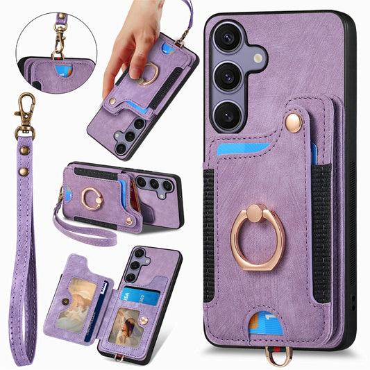 For Samsung Galaxy S25 5G Retro Skin-feel Ring Multi-card Wallet Phone Case(Purple) - Galaxy S25 5G Cases by buy2fix | Online Shopping UK | buy2fix