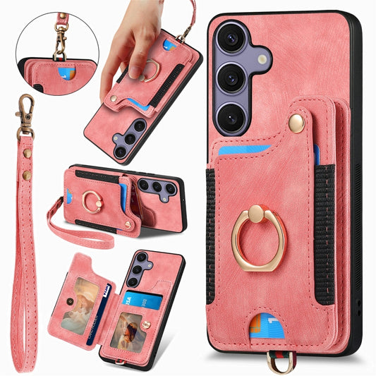 For Samsung Galaxy S25+ 5G Retro Skin-feel Ring Multi-card Wallet Phone Case(Pink) - Galaxy S25+ 5G Cases by buy2fix | Online Shopping UK | buy2fix