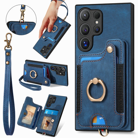 For Samsung Galaxy S25 Ultra 5G Retro Skin-feel Ring Multi-card Wallet Phone Case(Blue) - Galaxy S25 Ultra 5G Cases by buy2fix | Online Shopping UK | buy2fix