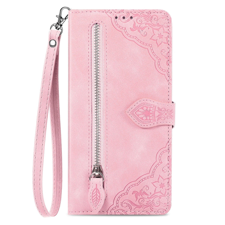 For Xiaomi Redmi K70 Embossed Flower Zipper Leather Phone Case(Pink) - K70 Cases by buy2fix | Online Shopping UK | buy2fix