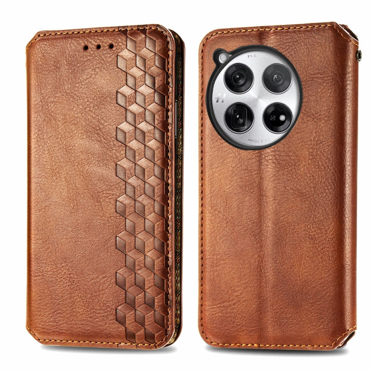 For OnePlus 12 Cubic Grid Pressed Magnetic Leather Phone Case(Brown) - OnePlus Cases by buy2fix | Online Shopping UK | buy2fix