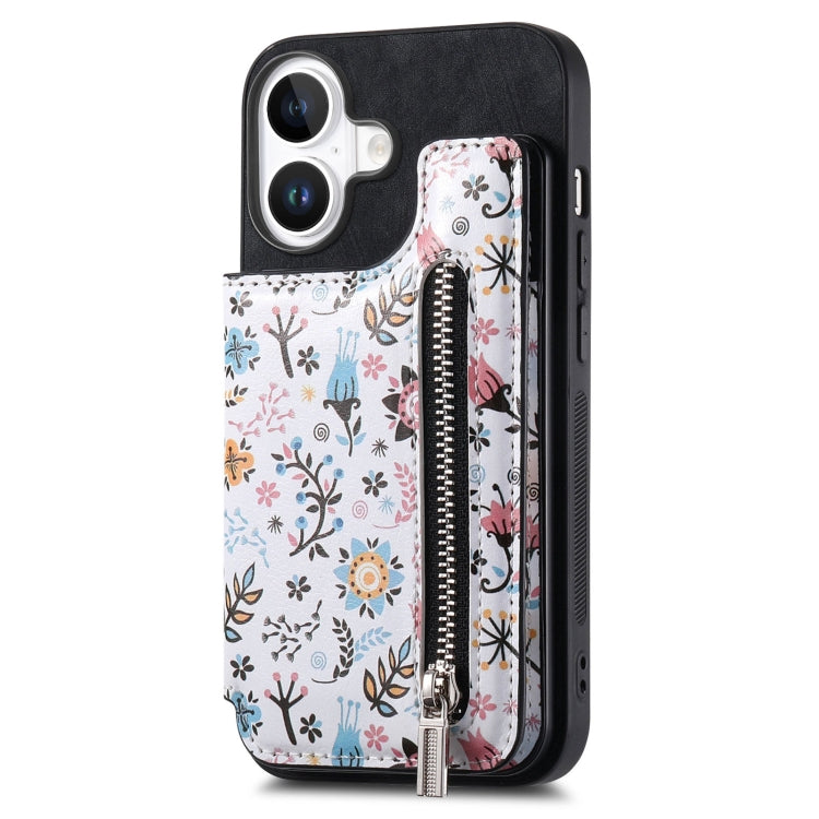 For iPhone 16 Retro Painted Zipper Wallet Back Phone Case(Black) - iPhone 16 Cases by buy2fix | Online Shopping UK | buy2fix