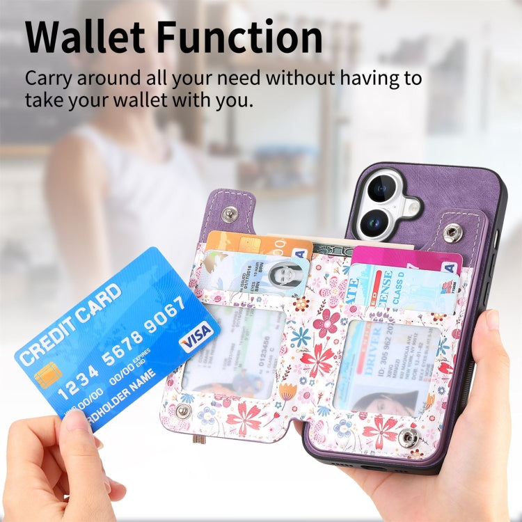 For iPhone 16 Plus Retro Painted Zipper Wallet Back Phone Case(Purple) - iPhone 16 Plus Cases by buy2fix | Online Shopping UK | buy2fix