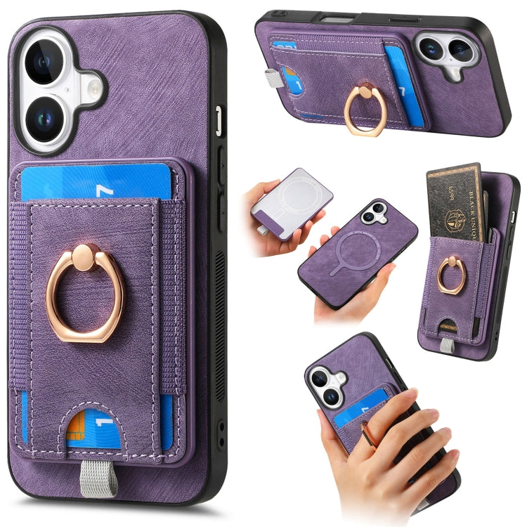 For  iPhone 16 Retro Splitable Magnetic Card Bag Leather Phone Case(Purple) - iPhone 16 Cases by buy2fix | Online Shopping UK | buy2fix