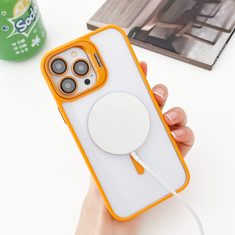 For iPhone 14 MagSafe Acrylic Hybrid TPU Holder Phone Case with Lens film(Orange) - iPhone 14 Cases by buy2fix | Online Shopping UK | buy2fix