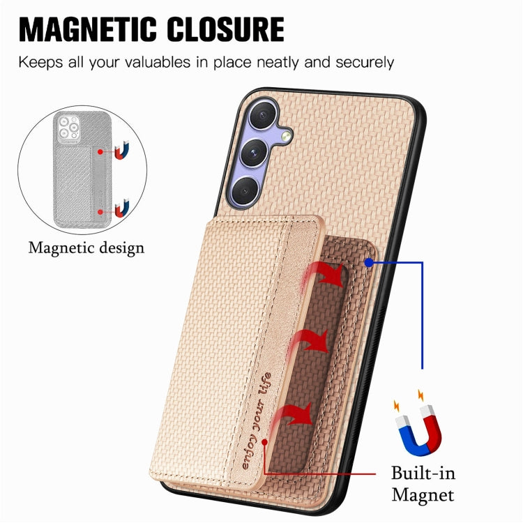 For Samsung Galaxy S25+ 5G Carbon Fiber Magnetic Card Wallet RFID Blocking Phone Case(Khaki) - Galaxy S25+ 5G Cases by buy2fix | Online Shopping UK | buy2fix