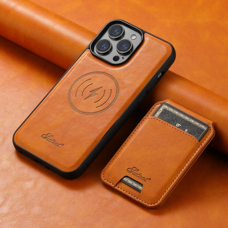For iPhone 15 Suteni H15 MagSafe Oil Eax Leather Detachable Wallet Back Phone Case(Khaki) - iPhone 15 Cases by Suteni | Online Shopping UK | buy2fix